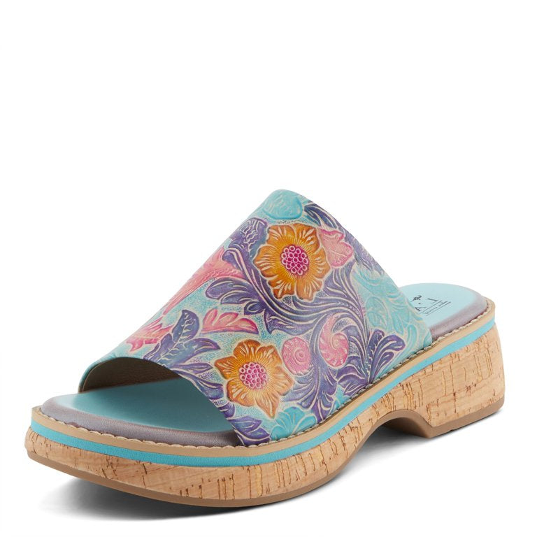 Spring Step L'Artiste Women's ALDINA Hand-Painted Leather Slides with Cushioned Comfort Sky Blue - All Mixed Up 