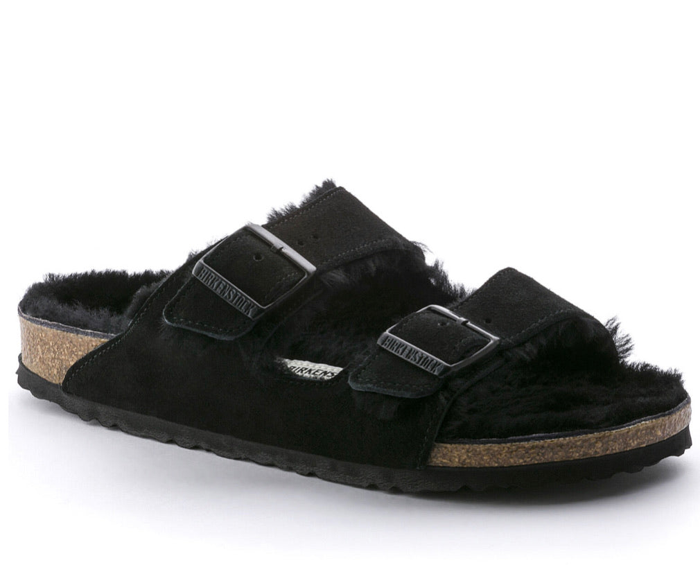 Birkenstock Arizona Black Shearling Fur Suede Leather - All Mixed Up 