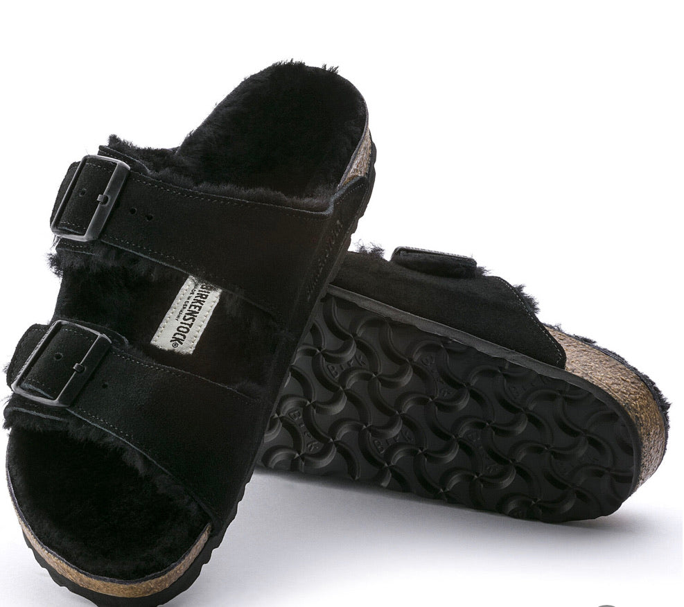 Birkenstock Arizona Black Shearling Fur Suede Leather - All Mixed Up 